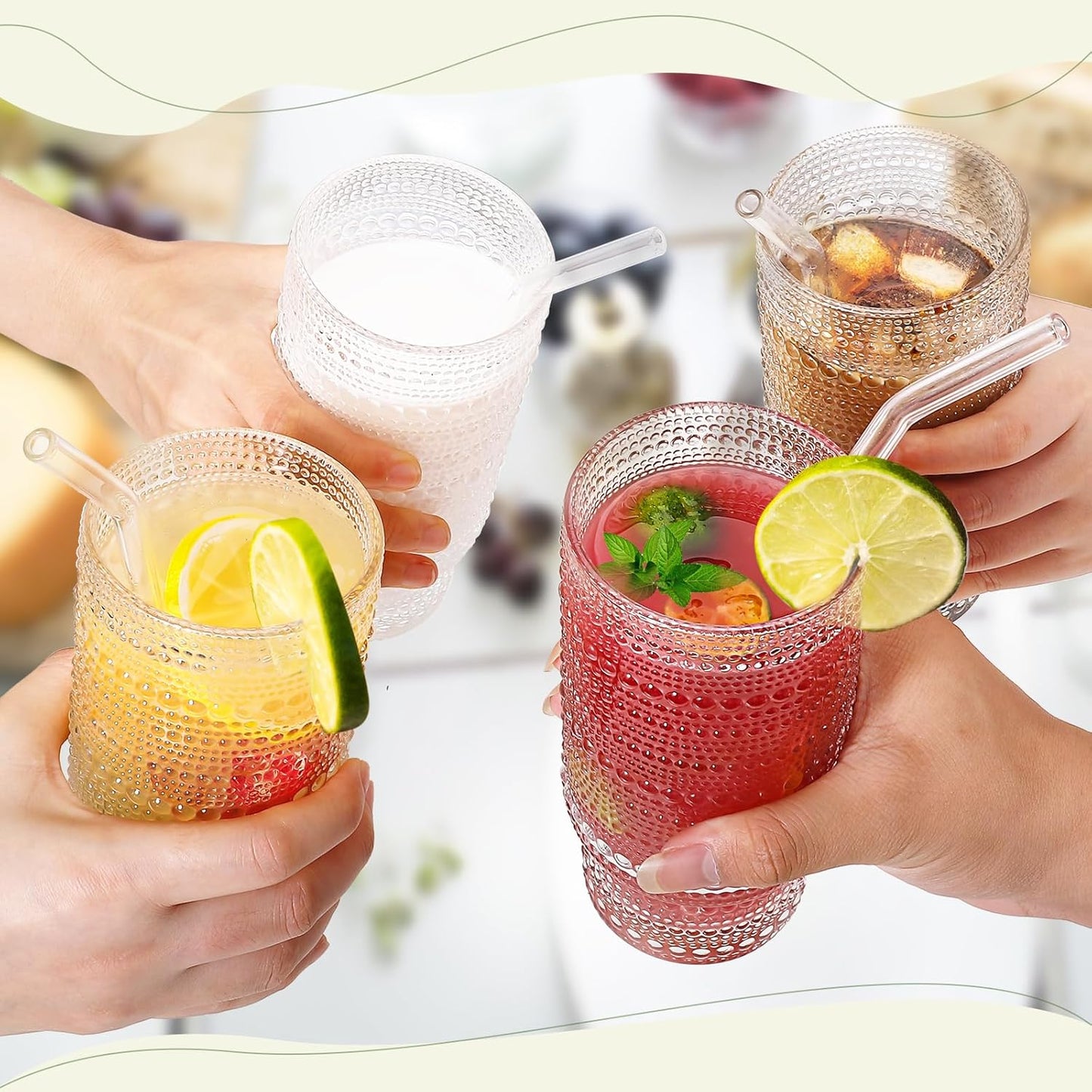 16 Oz Glass Cups with Lids and Straws, Vintage Embossed Glassware for Whiskey Cocktail Beer, Iced Coffee Cup with Lid, Glass Tumbler (2 PACK)