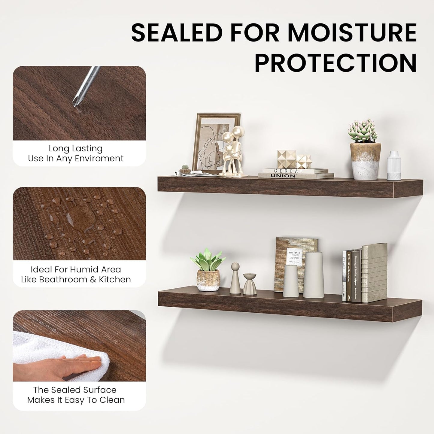 Floating Shelves for Wall, 40" W x 8" D x 1.5" H, Wooden Wall Mounted Display Shelves with Invisible Brackets for Living Room, Bedroom, Bathroom, Kitchen Decor and Storage, Set of 2, Walnut