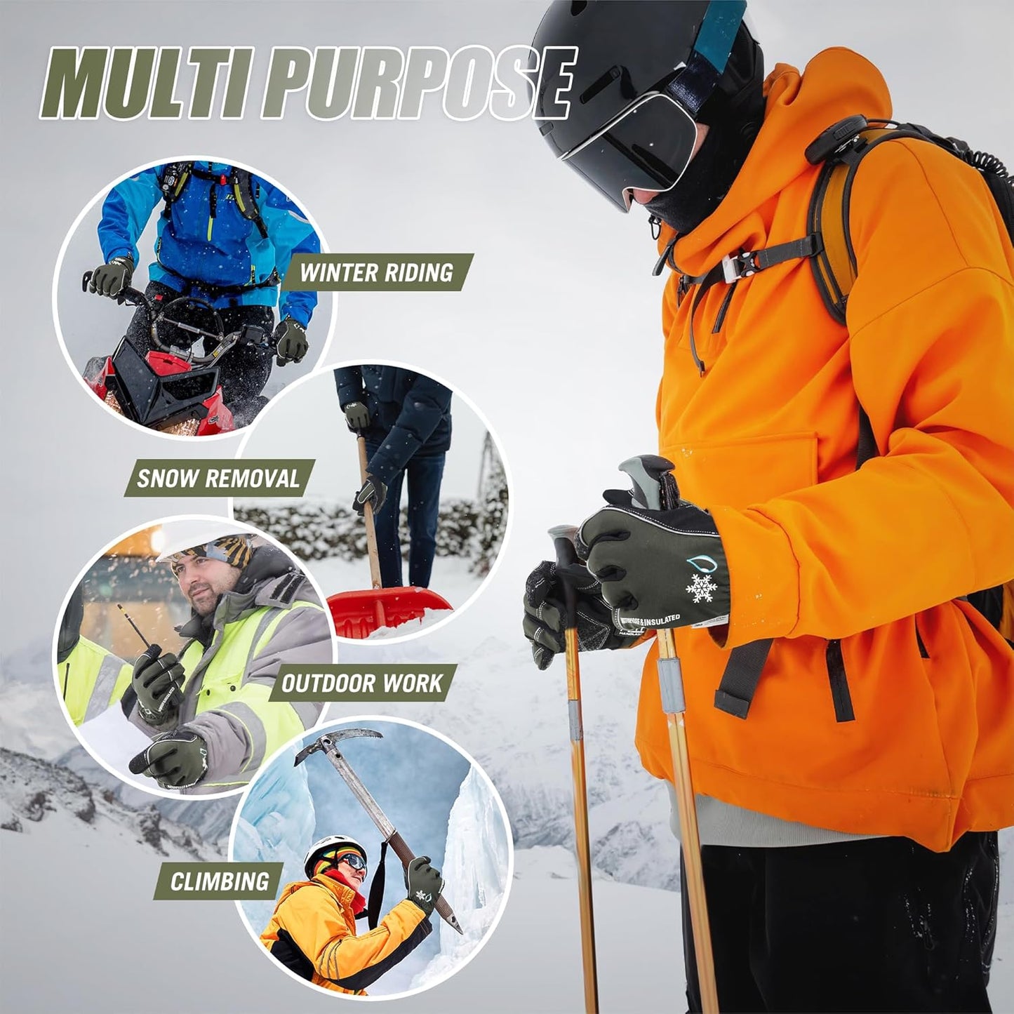 HANDLANDY Winter Insulated Work Gloves, 3M Thinsulate Thermal Water-Resistant Gloves for Men Women Touch Screen, Warm Ski Snowboard Cold Weather Gloves (Army Green, 2X-Large)