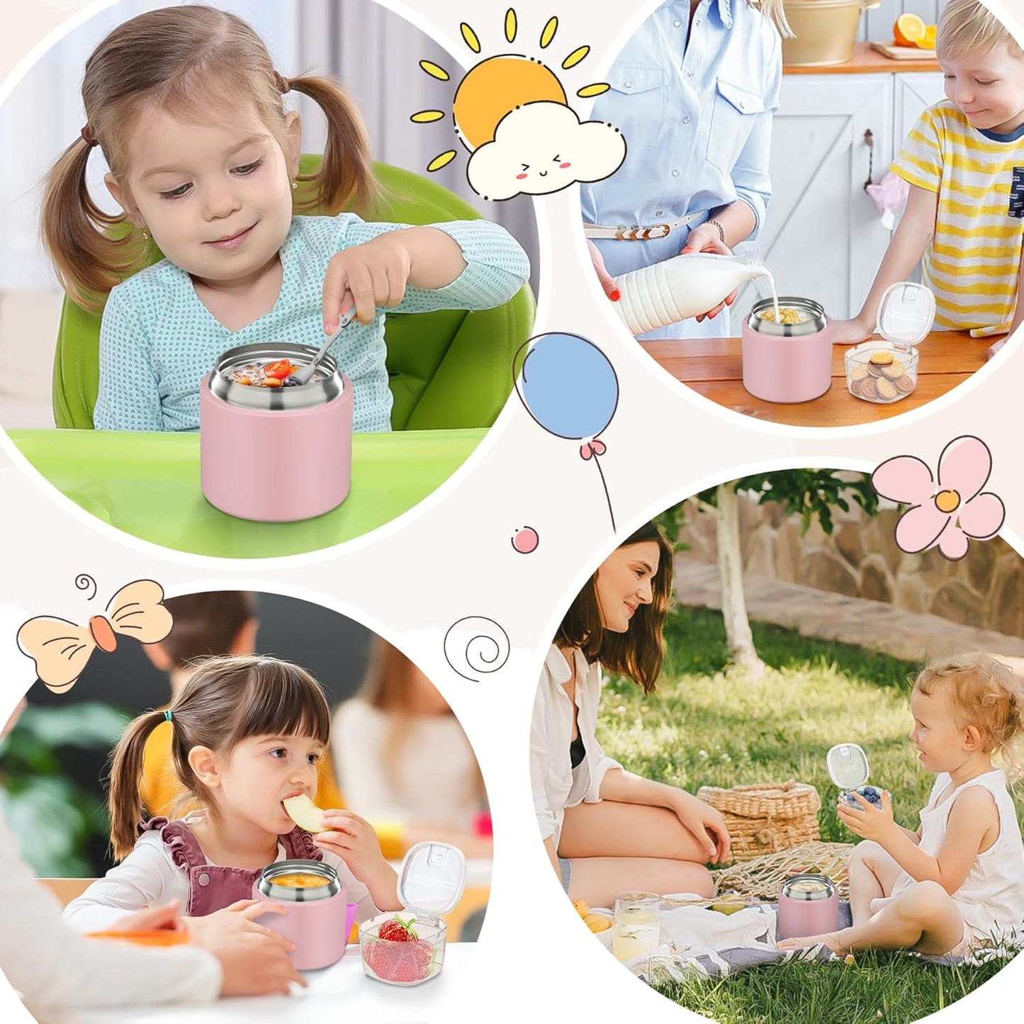 2 - in - 1 Soup Thermo for Hot Food 14oz with Snack Box Container Leak Proof Insulated Lunch Container Kids and Adults Stainless Steel Double Wall Vacuum Wide-mouth Thermal with Spoon and Handle