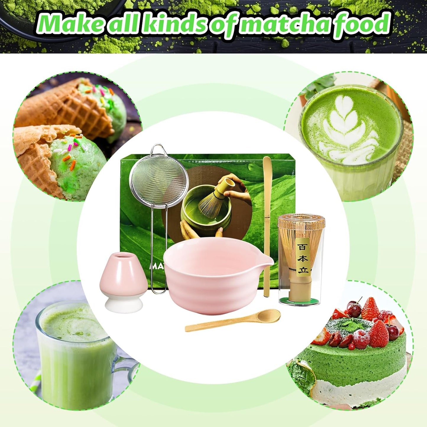 Matcha Set, 6 Pcs Matcha Whisk Set with 20 oz Bowl, Bamboo Whisk for Matcha Tea, Matcha Bowl, Ceramic Matcha whisk Holder, Stainless Sifter and Scoop - Gift for matcha kit Lovers(Pink)