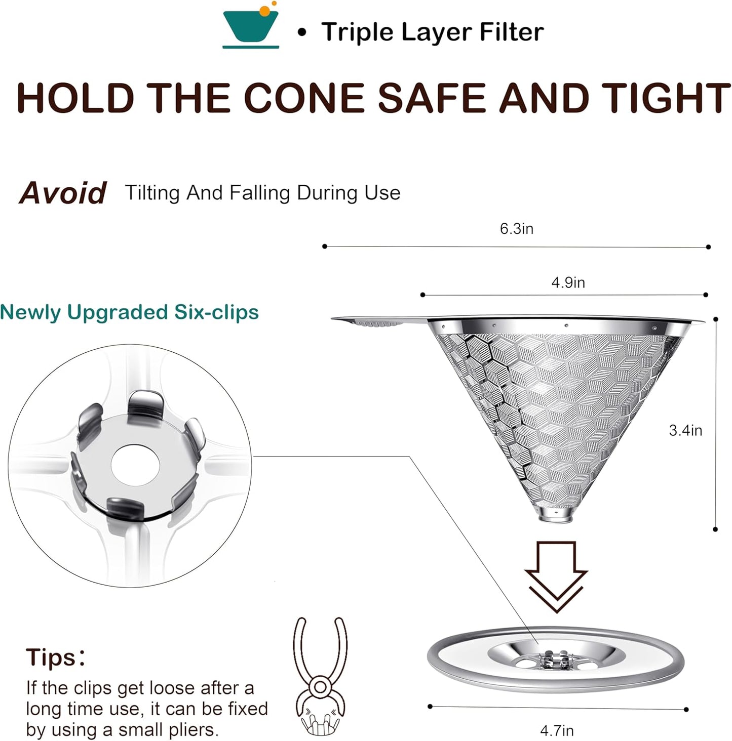 Pour Over Coffee Dripper, Triple Layer Stainless Steel Pour Over Coffee Dripper, Portable Coffee Maker With Detachable Cup Stand, 2-4 Cup Paperless Reusable Pour Over Coffee Filter Non-plastic