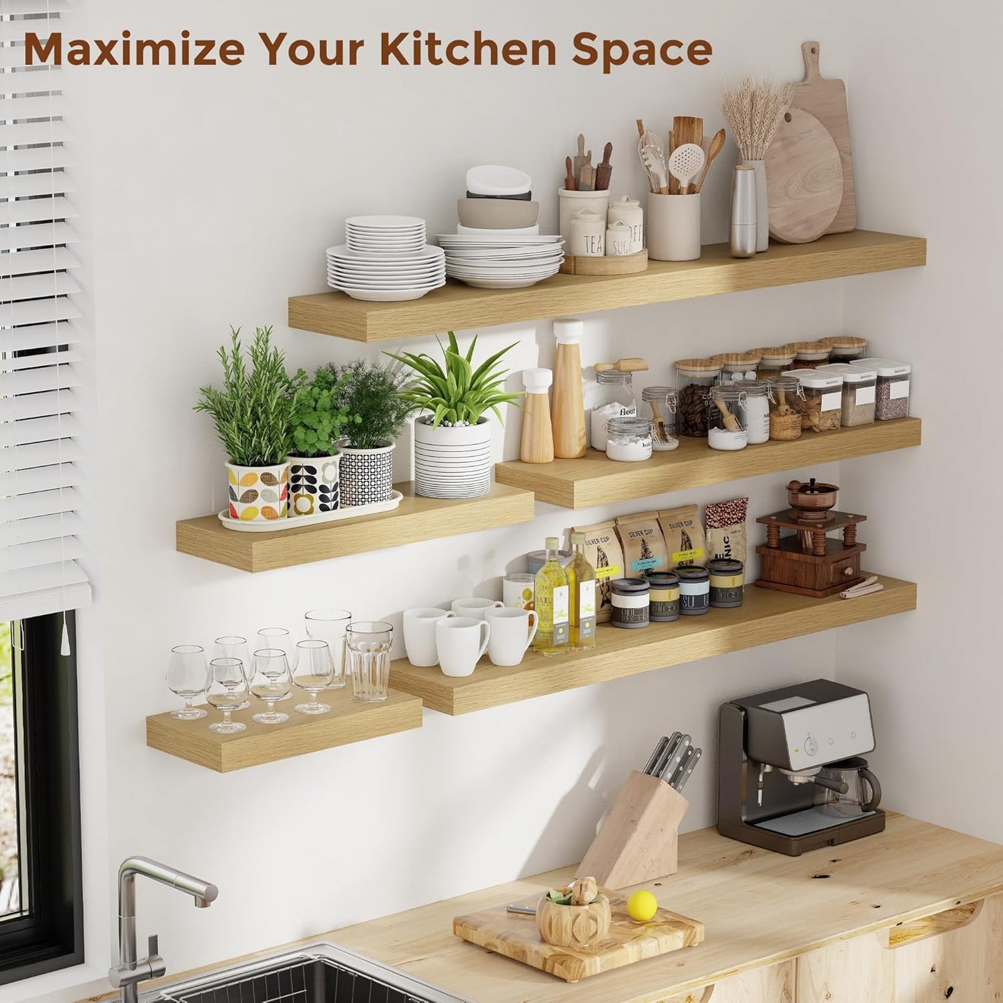 Heimlove 55 Inch Floating Shelves for Wall 8 Inch Deep Oak Shelves Set of 2,Wall Mounted Rustic Wood Long Floating Shelf,Large Extra Display & Storage Shelf with Invisible Brackets