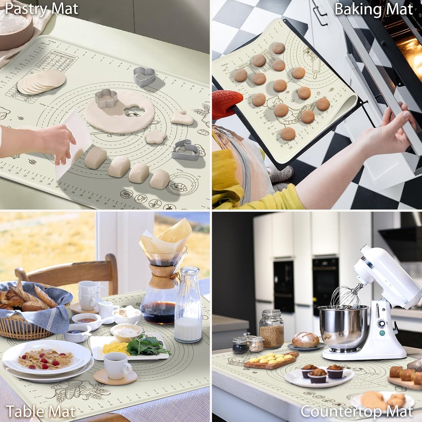Silicone Baking Mat 24" x 16", Extra Thick Silicone Pastry Mat with Measurements and Edge Heightening, Non-stick Food Grade Dough Rolling Matfor for Pastry, Bread, Cookies, Pizza, Fondant, Pasta