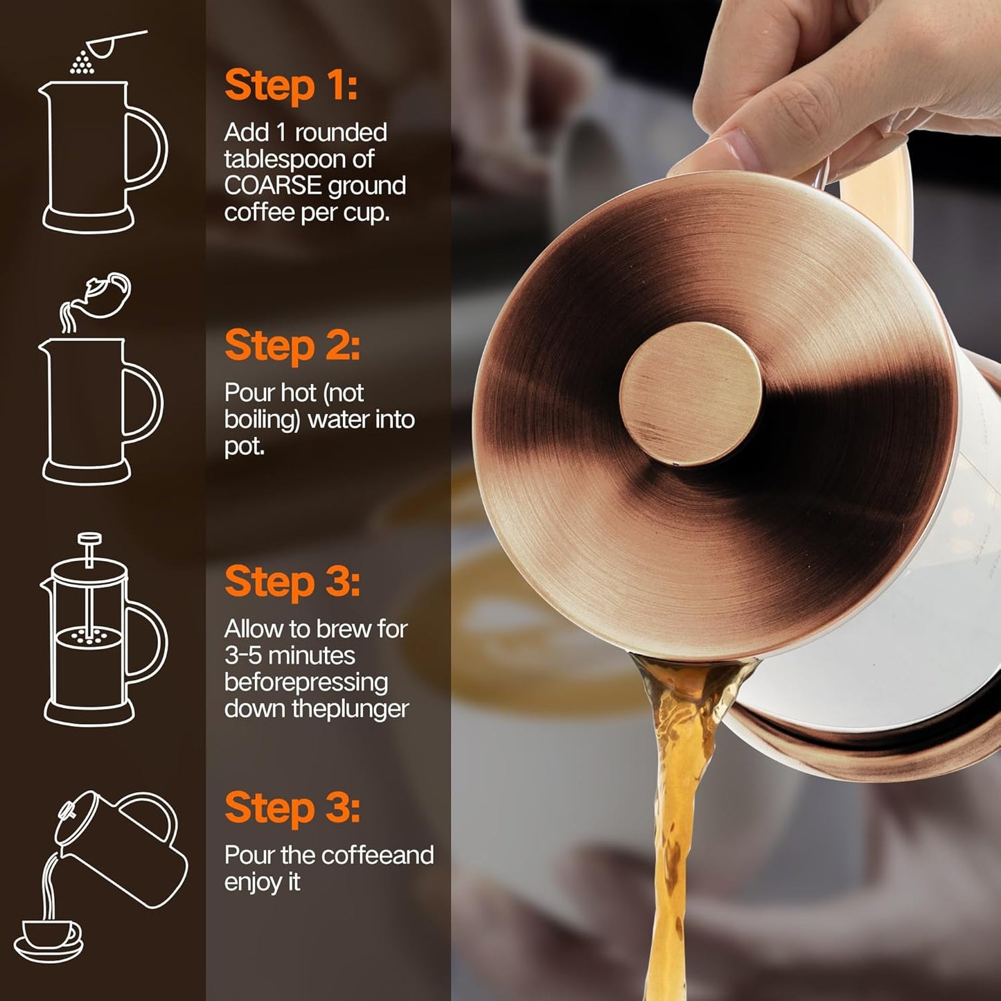 34 Ounce French Press Coffee Maker, 5-Cup Espresso Coffee Maker, Copper Cold Brew Heat Resistant Thickened Borosilicate Coffee Pot with 4 Stainless Steel Filter Screens