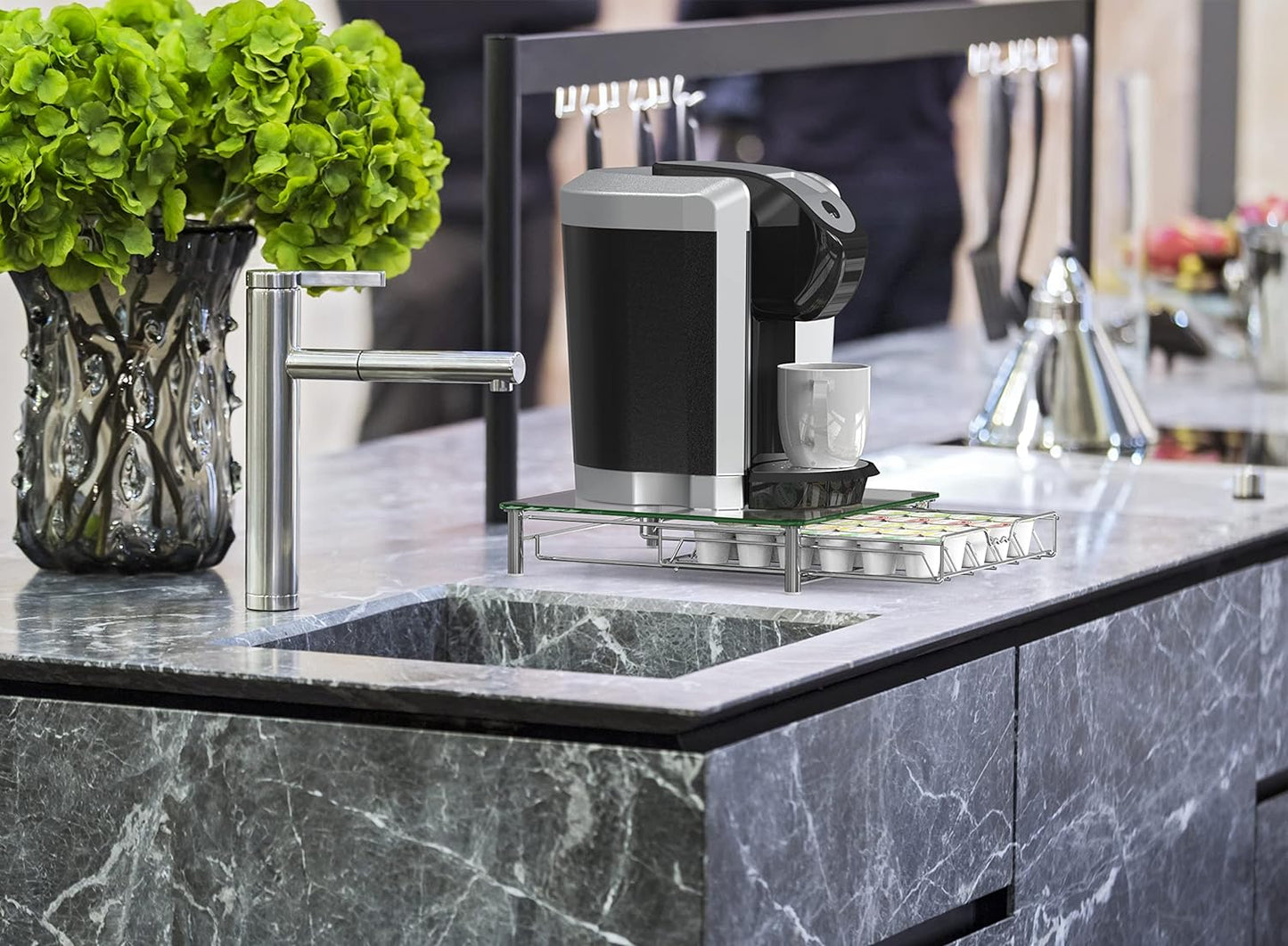 Deco Brothers Crystal Tempered Glass K-Cup Holder Drawer for 30 Coffee Pods Storage, Chrome