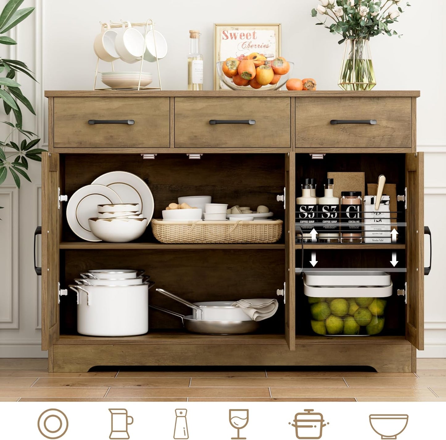 HOSTACK Modern Farmhouse Buffet Sideboard Cabinet, Barn Doors Storage Cabinet with Drawers and Shelves, Wood Coffee Bar Station for Dining Room, Kitchen, Living Room, Rustic Brown