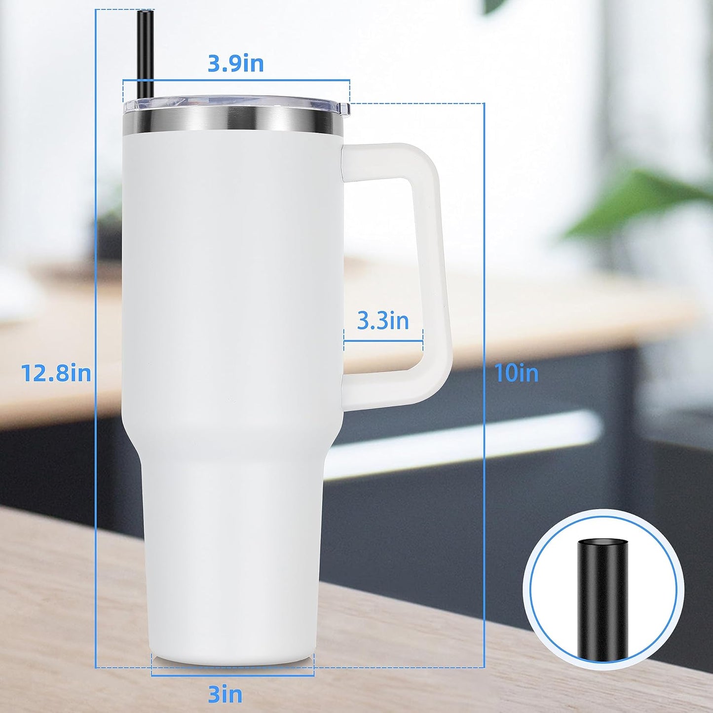 DOMICARE 40 oz Tumbler with Handle and Straw, Stainless Steel Tumbler with Lid and Straw, Reusable Vacuum Insulated Cup, Travel Coffee Mug, White, 1Pack