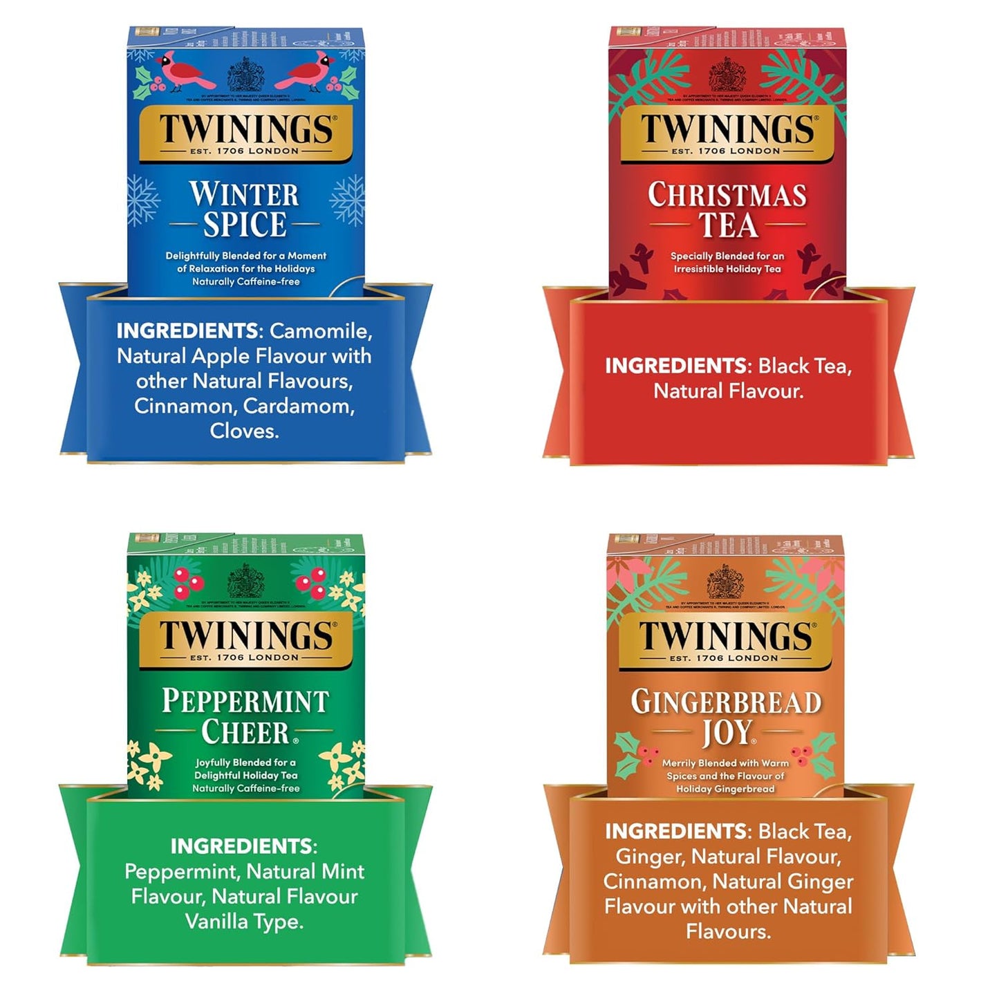 Twinings Holiday Variety Pack Tea Bags, Christmas Tea, Winter Spice, Gingerbread Joy, Peppermint Cheer, 20 Count (Pack of 4), Enjoy Hot or Iced, 80 Teabags