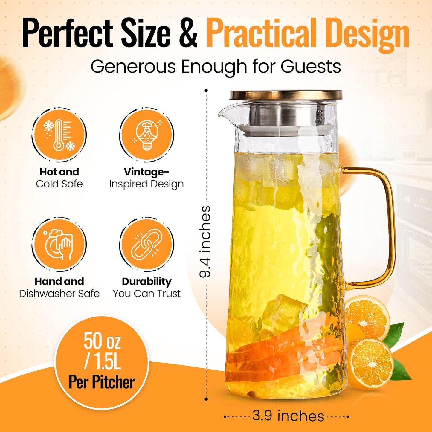 Glass Water Pitcher with Stainless Steel Lid, 2 Pack, 50 oz 1.5L - Borosilicate Glass Jug, Heat Resistant Carafe with Filter, Golden Vintage Design