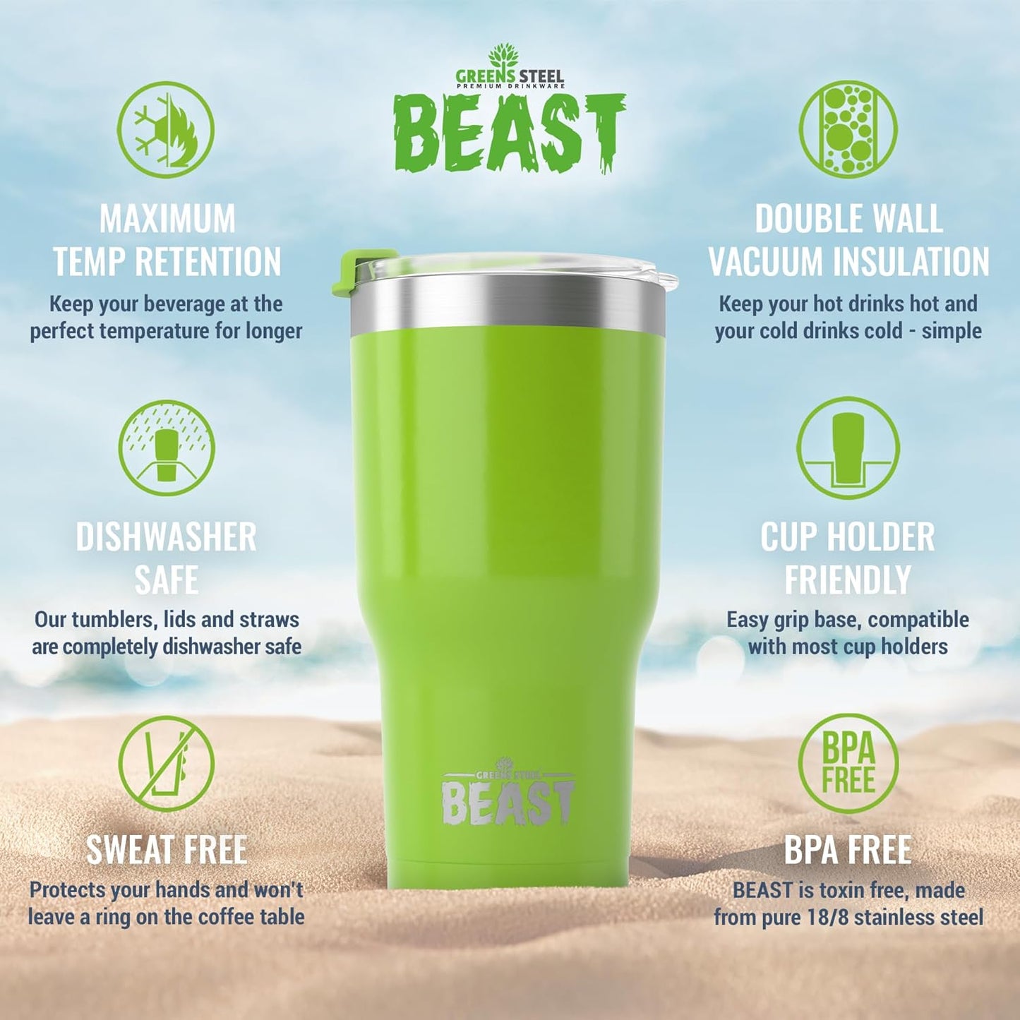 Beast 20 oz Tumbler Stainless Steel Vacuum Insulated Coffee Ice Cup Double Wall Travel Flask (Lemongrass Green)