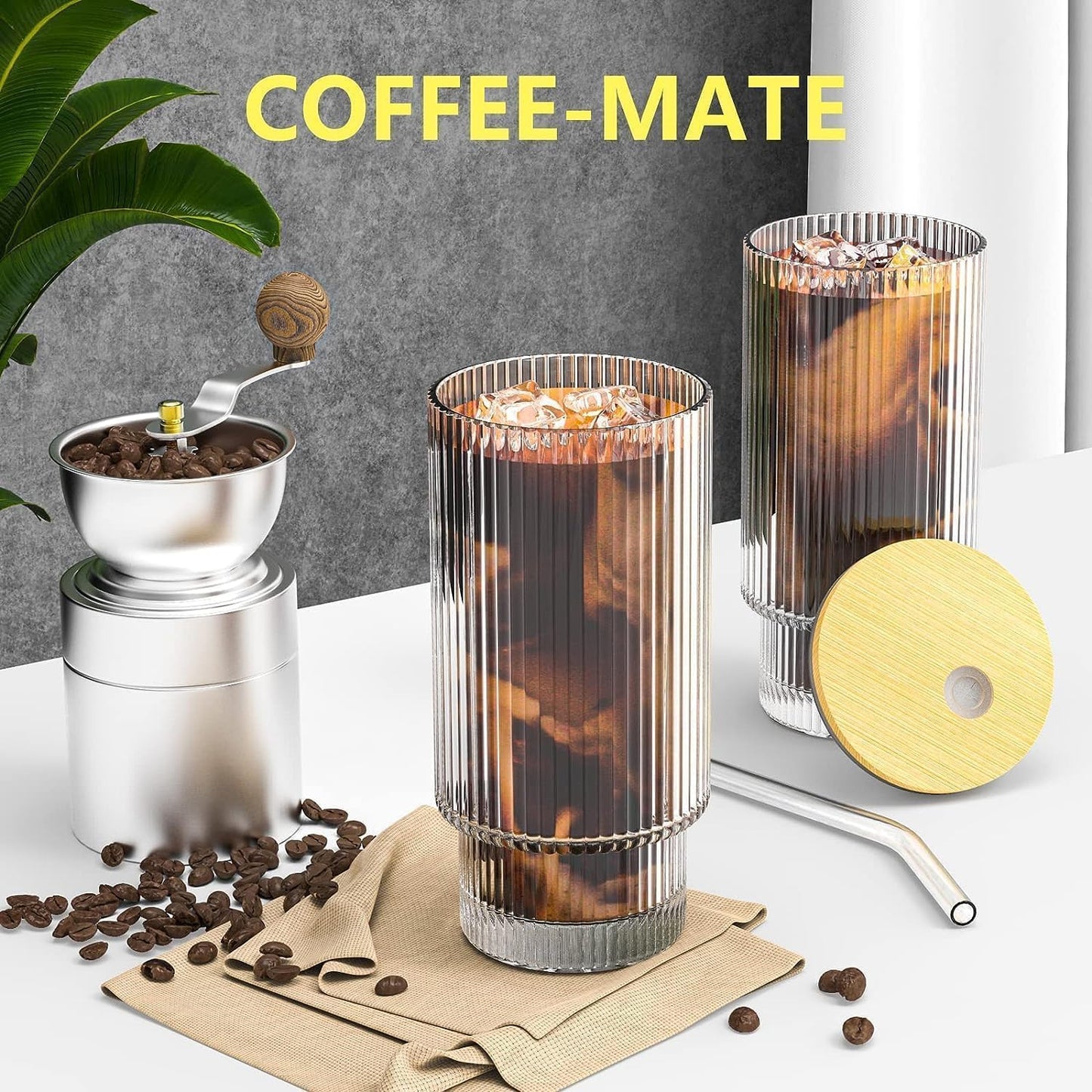 16OZ Ribbed Glass Cups with Lids and Straws 4 Set, Vintage Glassware for Whiskey Cocktail Beer, Iced Coffee Cups with Lid, Glass Tumbler with Straw and Lid (4 PACK)