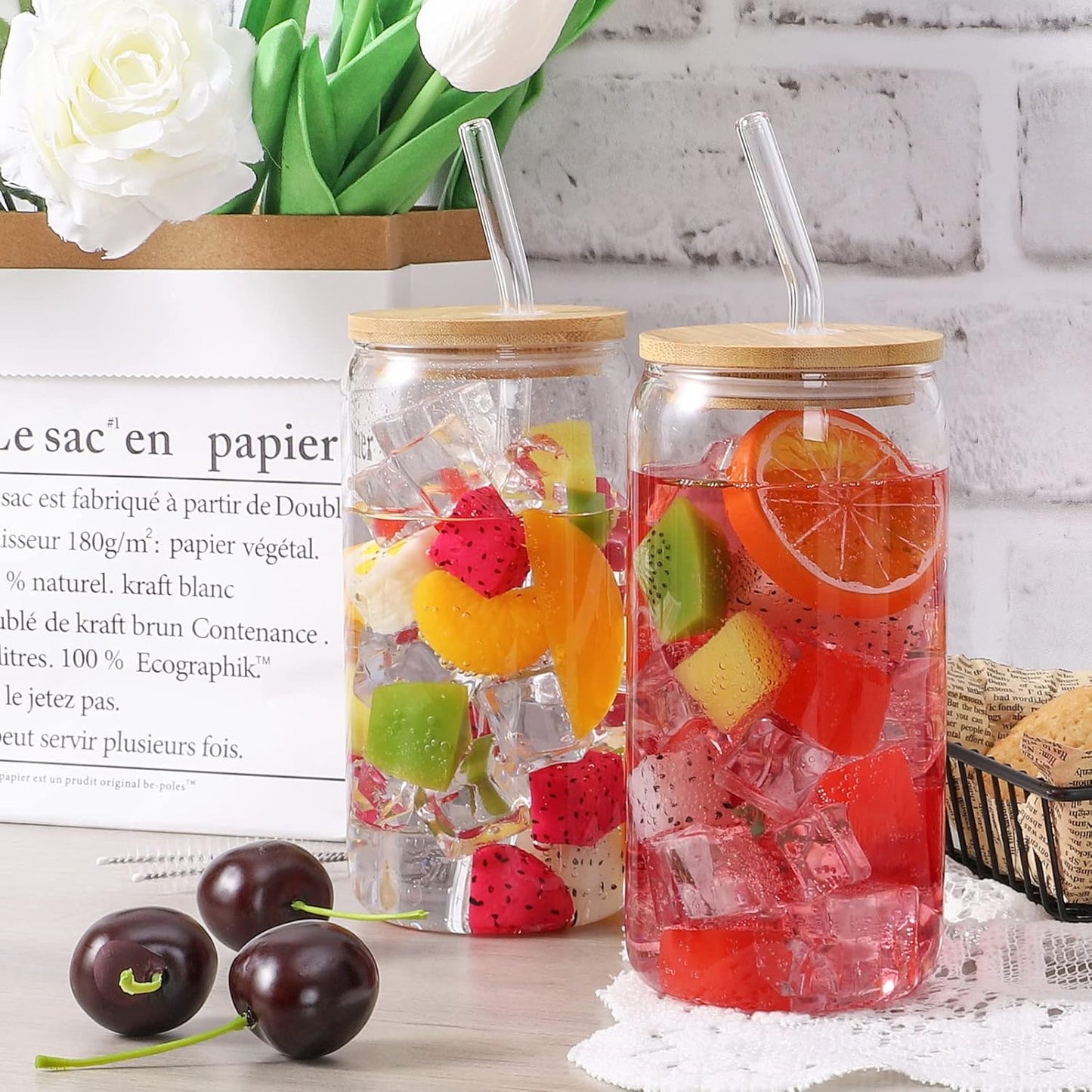 Glass Cups with Lids and Straws, 16oz Drinking Glasses, Iced Coffee Cups, Glass Tumbler with Lid, Great for Soda Boba Tea Cocktai (1 PACK)