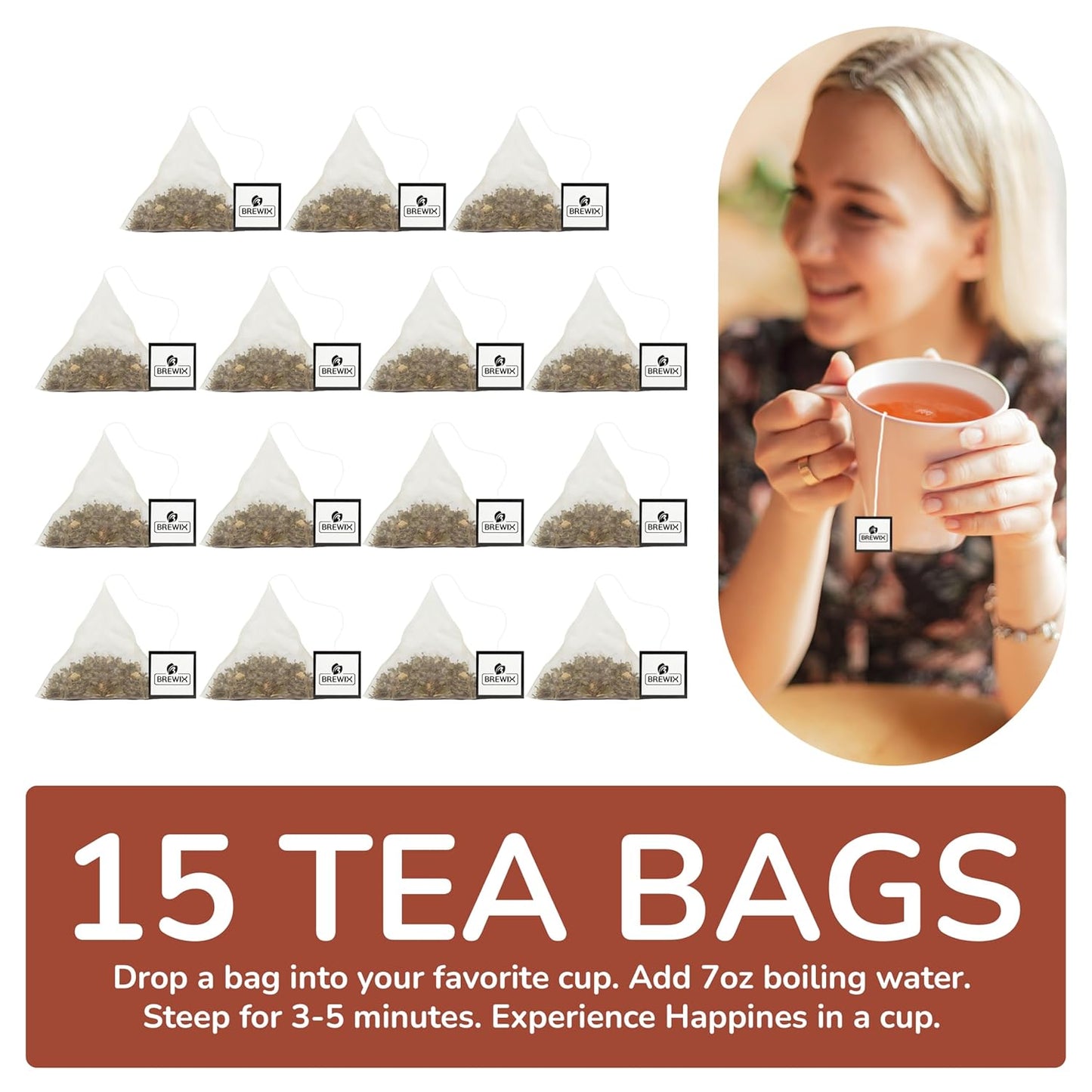 BREWIX, Chocolate Rooibos Herbal Tea Bags, (15 Pyramid Tea Bags) | Red Tea with Cocoa | Rooibos, Cinnamon, Spearmint, Peppermint Tea | Naturally Caffeine-Free