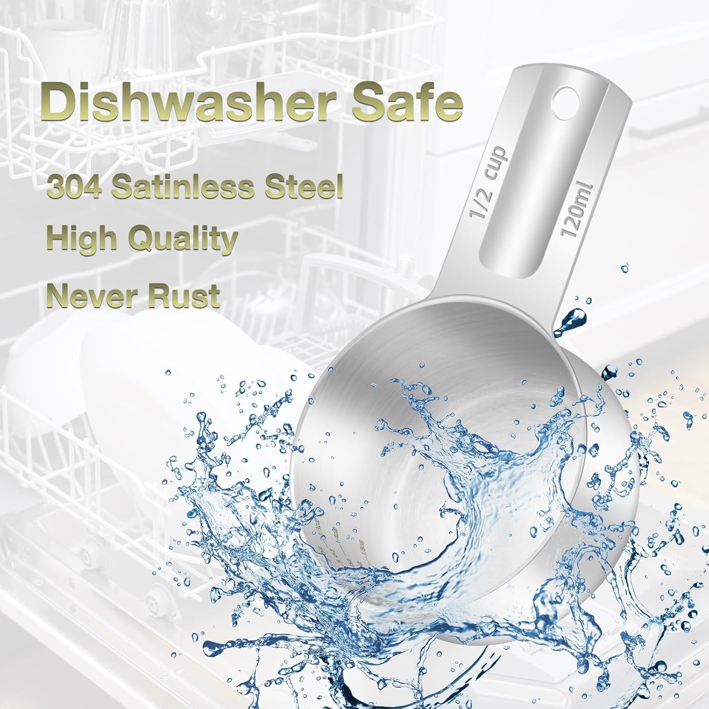 2PCS 1/2Cup (120ml, 4oz) Single Measuring Cup, Etched Inner Scale Stainless Steel Measure Scoop, Metric and US Measurement, Dishwasher Safe