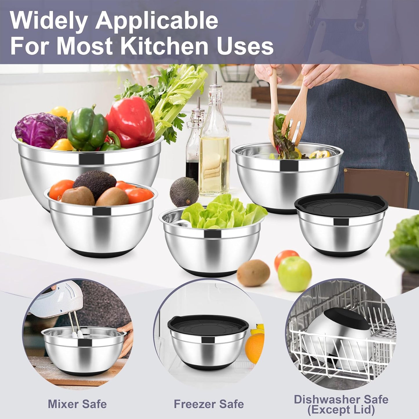 TeamFar Mixing Bowls, Stainless Steel Nesting Salad Bowl with Lids & 3 Graters, For Kitchen Cooking Serving Prepping, Airtight & Non-Slip, Size 4.6/3.5/2/1.5/1/0.7 QT, Set of 5 & Black