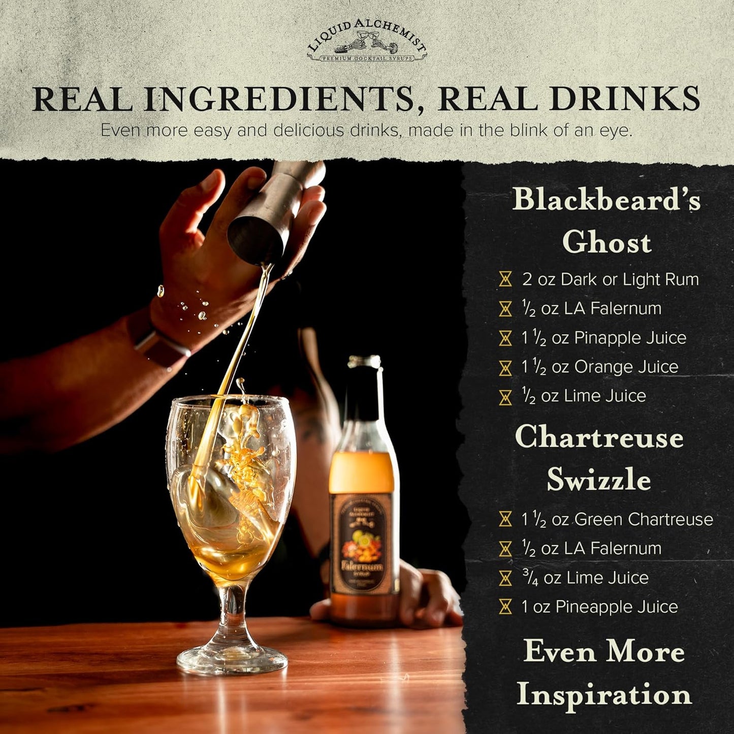 Liquid Alchemist Falernum Syrup for Cocktails - Real Ingredients Make our Falernum Cocktail Syrup a Great Mixer for any Tiki Drink - Our Drink Mixer is Non-GMO Gluten Free & Vegan (12.7 oz)