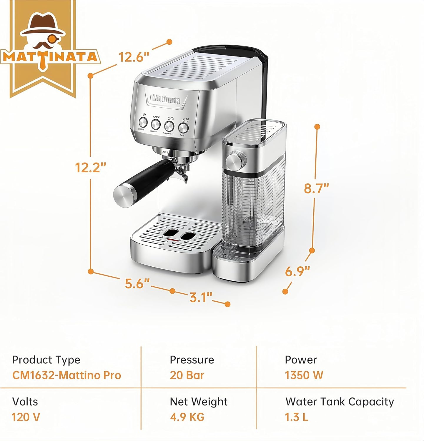 Cappuccino Machine 20 Bar, Professional Espresso Machines for Home and Office with Automatic Milk Frothering System, Barista Compact Latte Maker for Coffee Lovers, Stainless Steel-Mattino