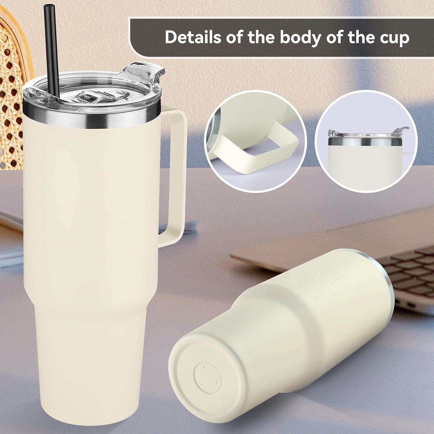 HASLE OUTFITTERS 40 oz Stainless Steel Tumbler with Handle, Vacuum Insulated Tumblers Bulk, Reusable Double Wall Travel Coffee Mug, Durable Powder Coated Water Bottle(Beige, 4)