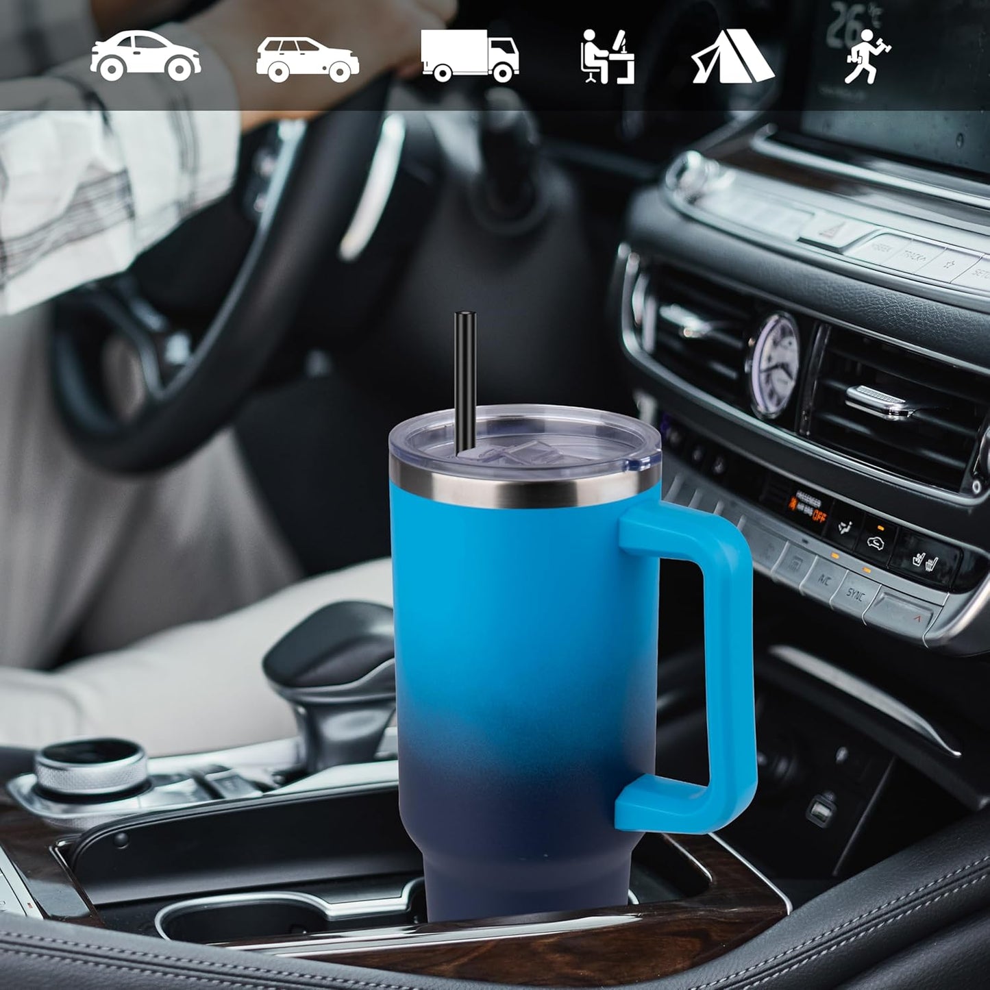 DOMICARE 40 oz Tumbler with Handle and Straw, Stainless Steel Tumbler with Lid and Straw, Reusable Vacuum Insulated Cup, Travel Coffee Mug, Blue Gradient, 1Pack