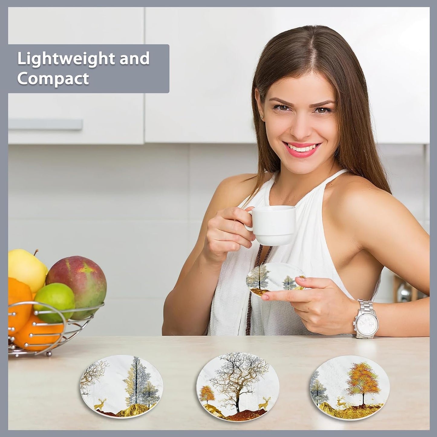 Drink Coasters Set of 6 with Holder,Golden Deer Forest Mountain Absorbent Ceramic Coasters with Cork Base,Fit All Cups,Tabletop Protection Mat for Mugs and Cups,Office,Kitchen