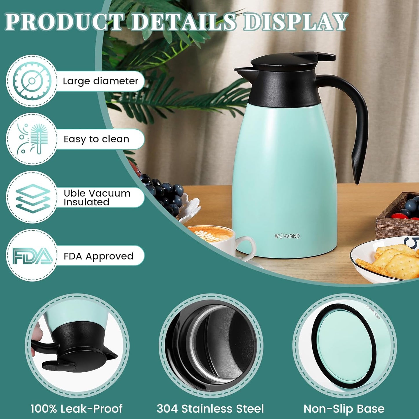 51 Oz Thermal Coffee Carafe, Stainless Steel Insulated Vacuum coffee crafts to keep coffee hot, 1.5 Liter Tea Water Coffee and Beverage Dispenser (Blue)