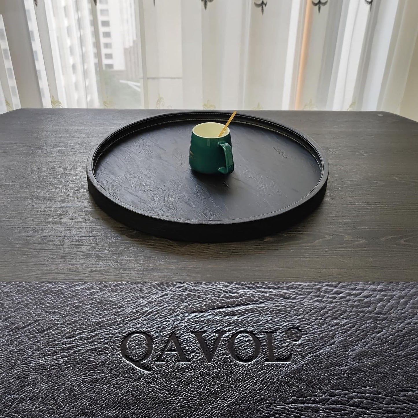 20 * 20 inches high-end Light Luxury Leather Round Oversized Service Tray, Ottoman Tray,Coffee Tray, Food Tray, Family Dinner, Out-of-House Picnic, Party Essential Tray (20 inch Black)