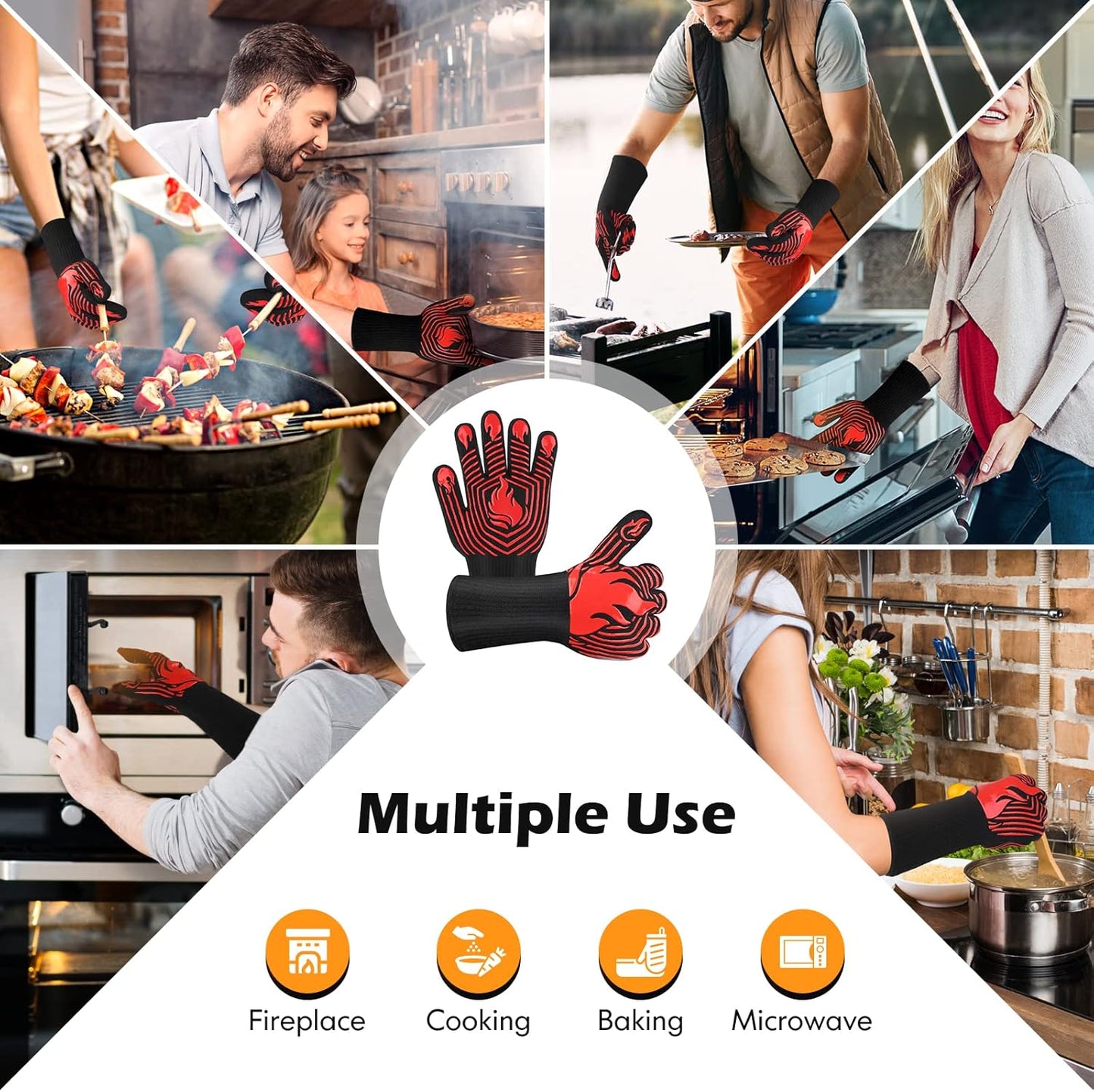 BBQ Gloves, 1472°F Heat Resistant Gloves Fireproof Mitts,Grilling Gloves Silicone Non-Slip Washable Oven Gloves, Kitchen Gloves for Barbecue, Grilling, Cooking, Baking, Camping, Smoker (Red)