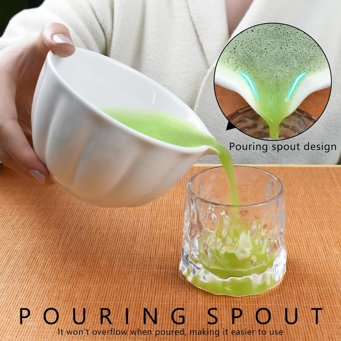 Artcome 4 Pcs Japanese Matcha Tea Set - Matcha Bowl with Pouring Spout, Matcha Whisk, Tea Scoop, Whisk Holder, Handmade Matcha Ceremony Kit For Japanese Tea Ceremony, Ivory