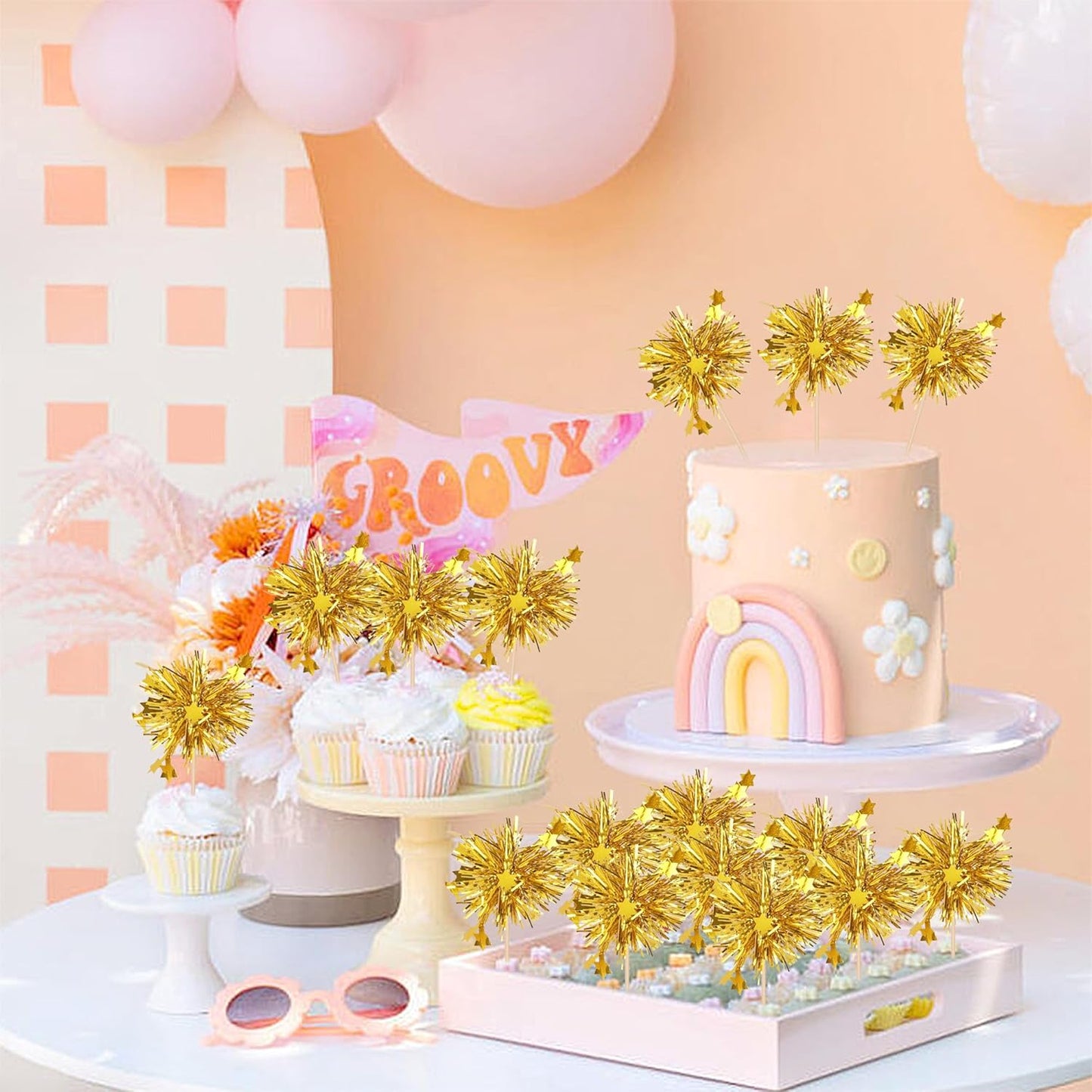 30 PCS Foil Firework Cupcake Toppers Star Cupcake Picks Sparkle Tinsel Flower Drink Stirrers Cocktail Food Fruit Toothpicks for Baby Shower Wedding Birthday Party Cake Decorations Supplies Gold