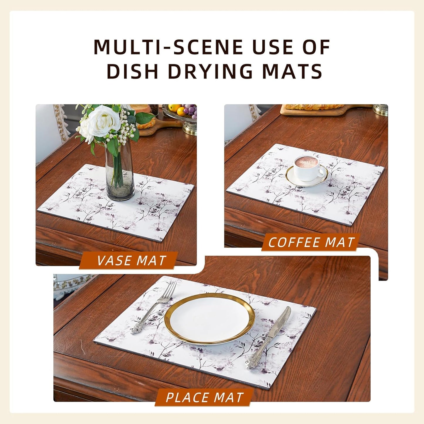 Dish Drying Mat Diatomaceous Earth Soft Coffee Mat, Silicone Dish Drying Mat for Kitchen Counter or Sink for Kitchen Bathroom Coffee Bar (Inked Flower, 16 x 24 Inches)