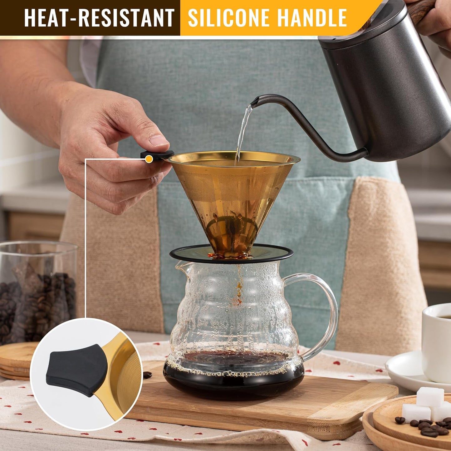 Pour Over Coffee Dripper INSINTAR Stainless Steel ReusablePour Over Drip Coffee Filter Paperless Coffee Strainer Single Cup Coffee Maker 1-4 Cup (Titanium Gold)