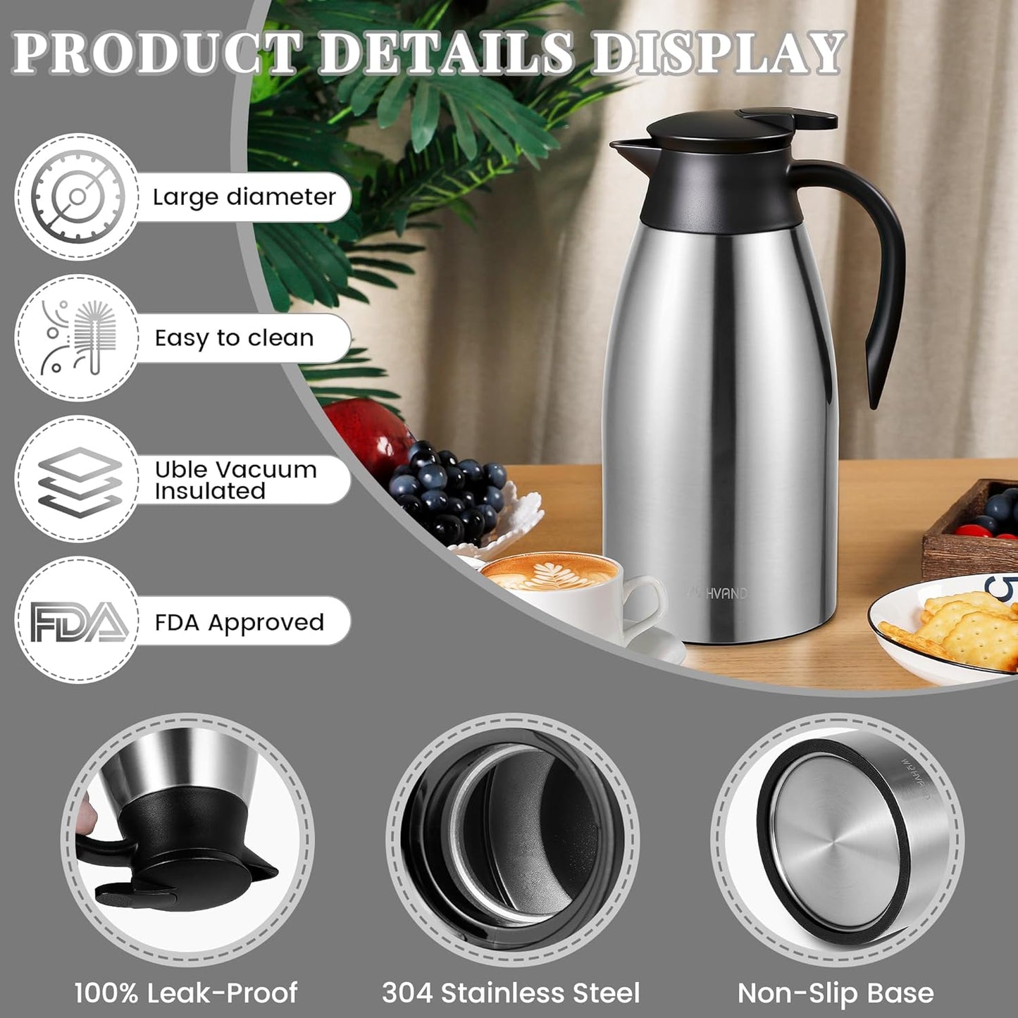 68 Oz Thermal Coffee Carafe, Stainless Steel Insulated Vacuum coffee crafts to keep coffee hot, 2 Liter Tea Water Coffee and Beverage Dispenser (Silver)