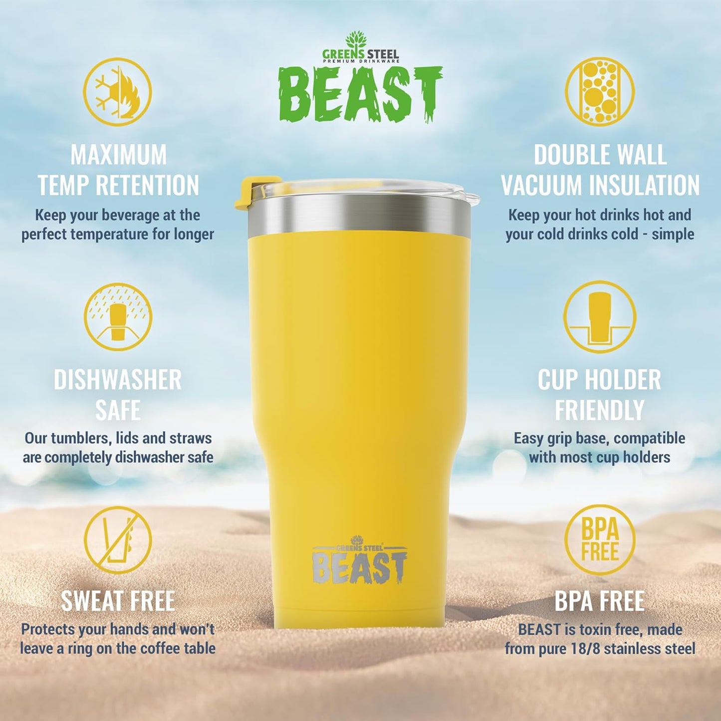 Beast 30 oz Tumbler Stainless Steel Vacuum Insulated Coffee Ice Cup Double Wall Travel Flask (Lemon)