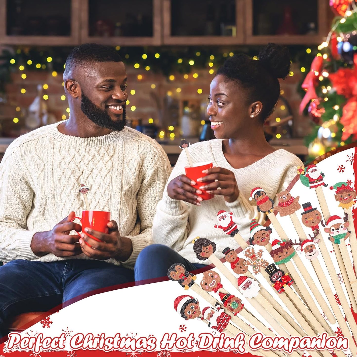 Mifoci 100 Pcs Christmas Wooded Coffee Stirrers African American Christmas Coffee Stir Sticks Disposable Stirring Sticks for Beverage Chocolate Hot Drink Party Supplies, 20 Styles (African American)