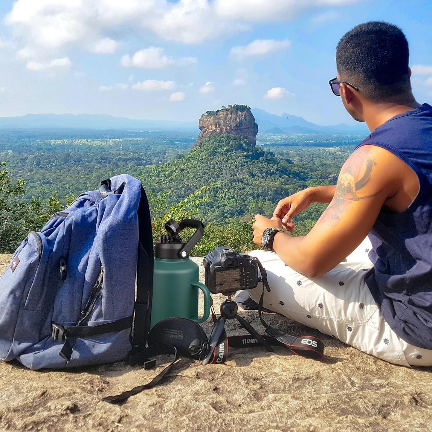 BJPKPK 1 Gallon Water Bottle with Handle, Large Dishwasher Safe 128oz Insulated Water Bottle, BPA Free Water Jug, Wide Mouth Metal Water Bottle with Anti-slip Bottom, Keep Cold & Hot,Army Green