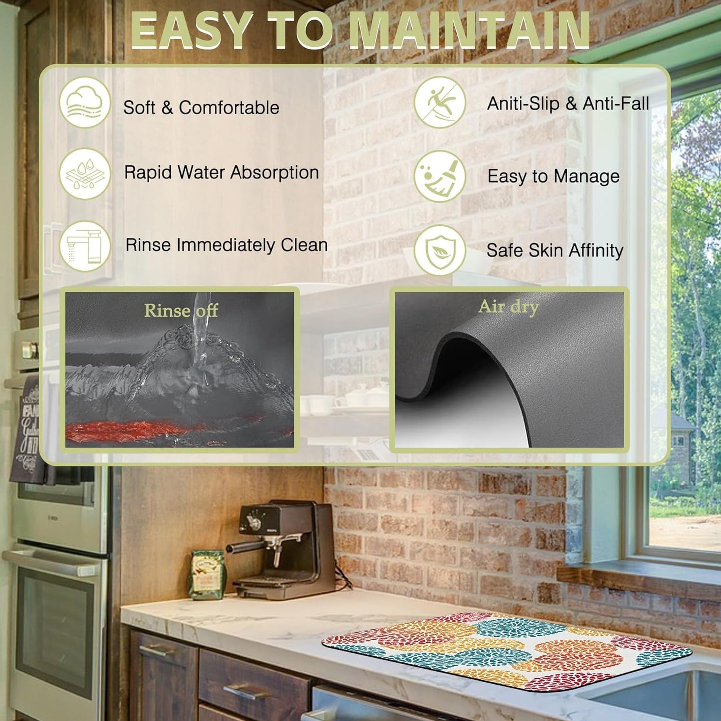 Abstract Floral Elements Dish Drying Mat Artifical Floral Kitchen Mat 12"x19" Bsorbent Coffee Maker Mat for Dishes,Utensils Coffee Maker Pots and Pans Easy Clean Dish Slip Resistant Pad