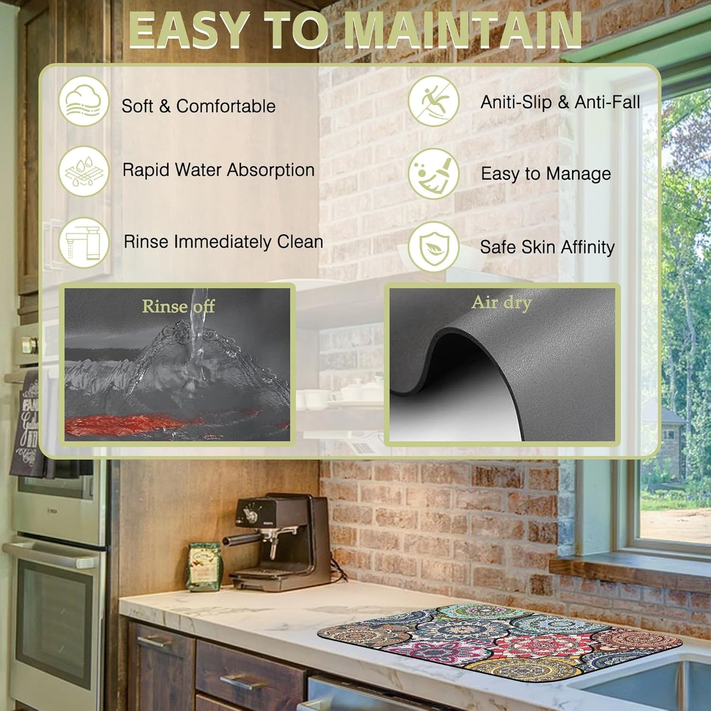 Dish Drying Mat Bohemia Vintage Decorative Pattern Kitchen Mat 12"x19" Bsorbent Coffee Maker Mat for Dishes,Utensils Coffee Maker Pots and Pans Easy Clean Dish Slip Resistant Pad