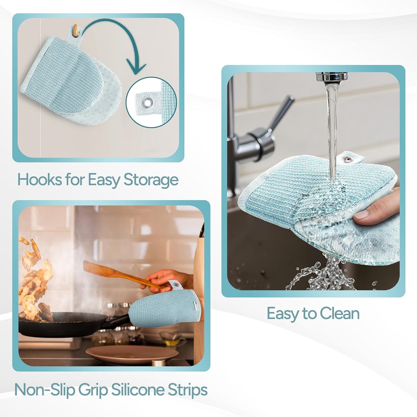 Casa Platino Silicone Oven Mitts & Pot Holders, 4-Piece – Oven Mitt for Baking & BBQ, Pot Holders for Kitchen, Hot Dishes & Microwave – Heat Resistant Up to 500°F, Non-Slip & Machine Washable – Aqua