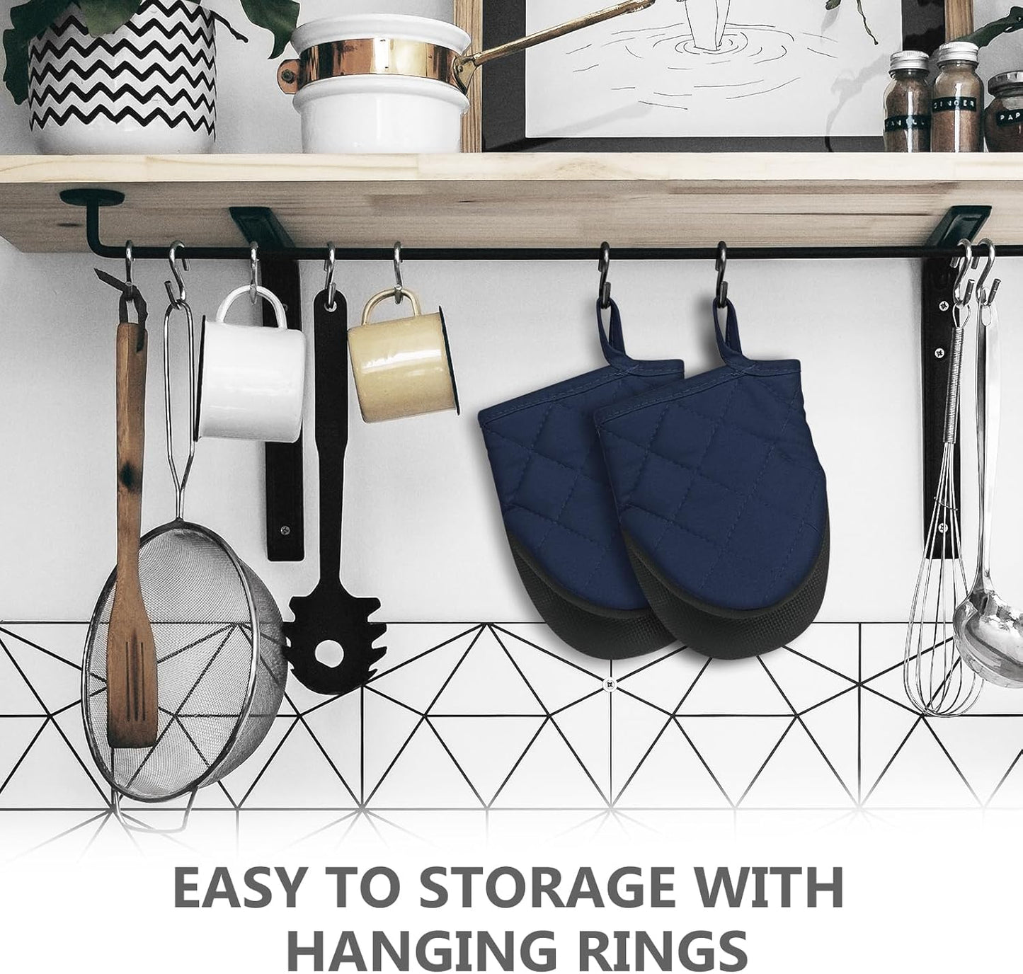 1 Pair Short Oven Mitts - Silicone Kitchen Oven Gloves High Heat Resistant 500℉, Mini Oven Mits with Non-Slip Grip Surfaces and Hanging Loop for BBQ, Baking, Cooking and Grilling (Dark Blue)