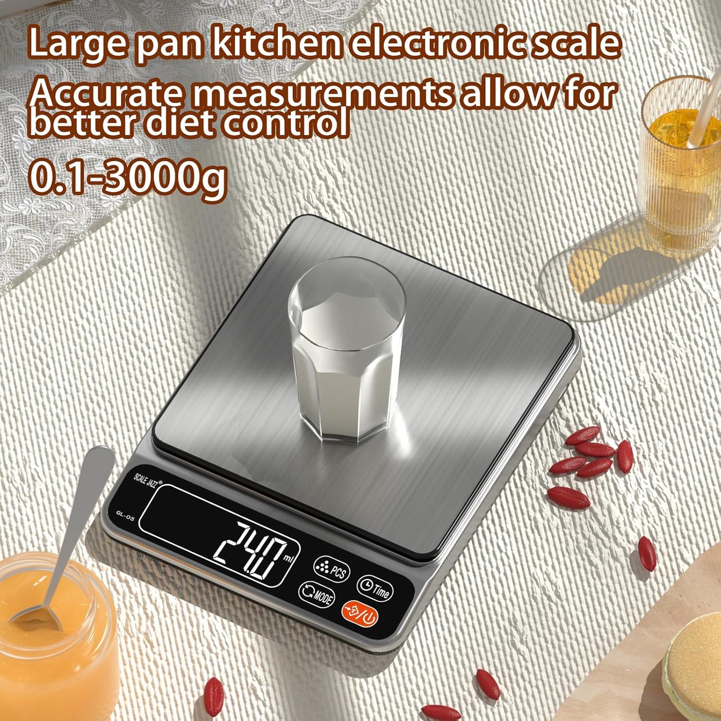 Food Scale,5kg/11lb Digital Kitchen Baking Scale Grams and Ounces for Cooking Coffee Meal prep Packages Weight Loss,0.1g high Precision,7Units with Timer, Easy Clean Stainless Steel