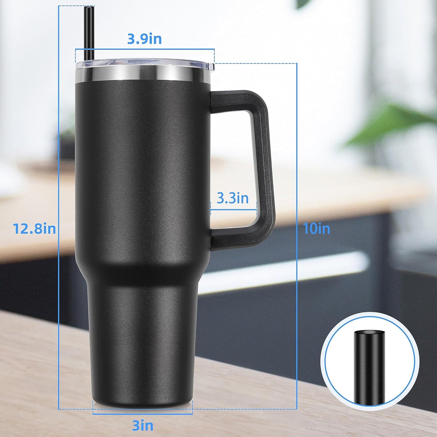 DOMICARE 40 oz Tumbler with Handle and Straw, Stainless Steel Tumbler with Lid and Straw, Reusable Vacuum Insulated Cup, Travel Coffee Mug, Black, 1Pack