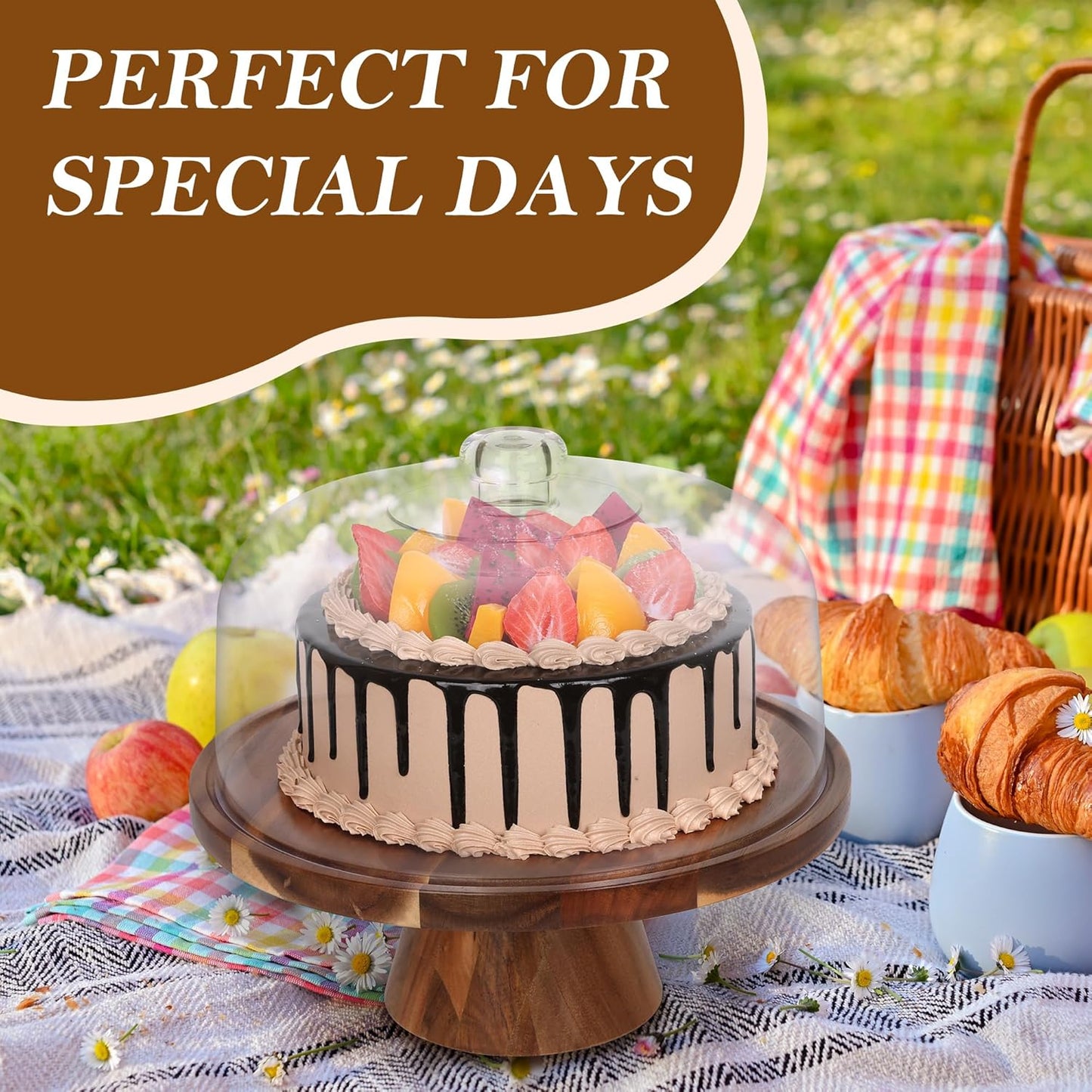 Bellsal Acacia Wood Cake Stand with Clear Acrylic Lid Dome Cover, 12in Cake Plate with Dome, Cake Display Stand with Cover, Cake Holder for Baking Gifts, Birthday Kitchen Party, Wedding