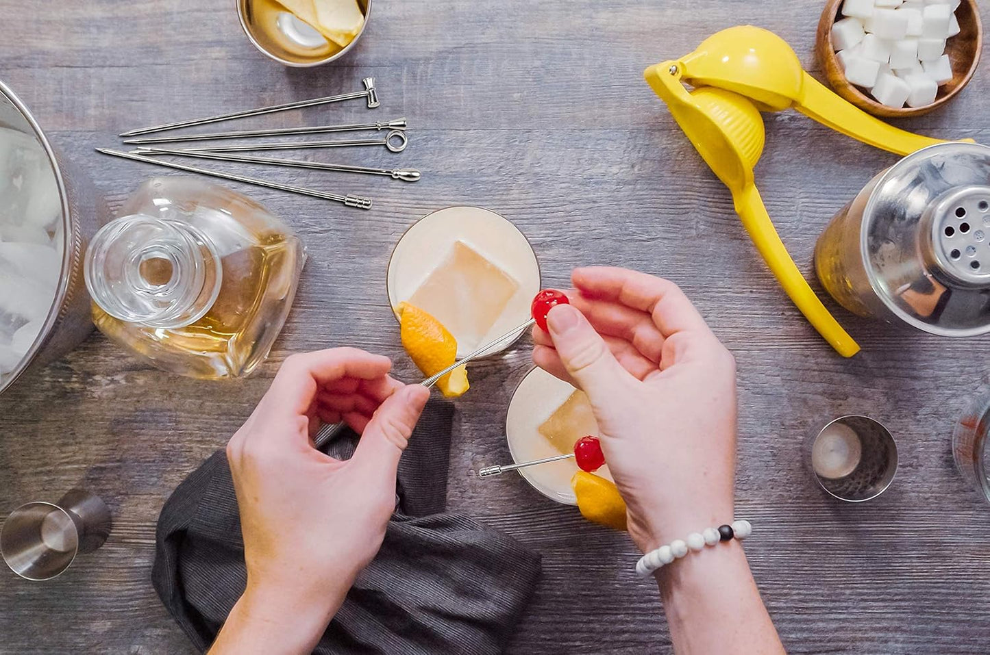 DEMIGO Cocktail Picks 16pcs, 8 New Styles Stainless Steel Reusable Olive Stuffers Martini Pick set Fruit Toothpick Garnish Skewers Appetizer Drink Stick for Bar party, Barbeque Snack, Club sandwiches