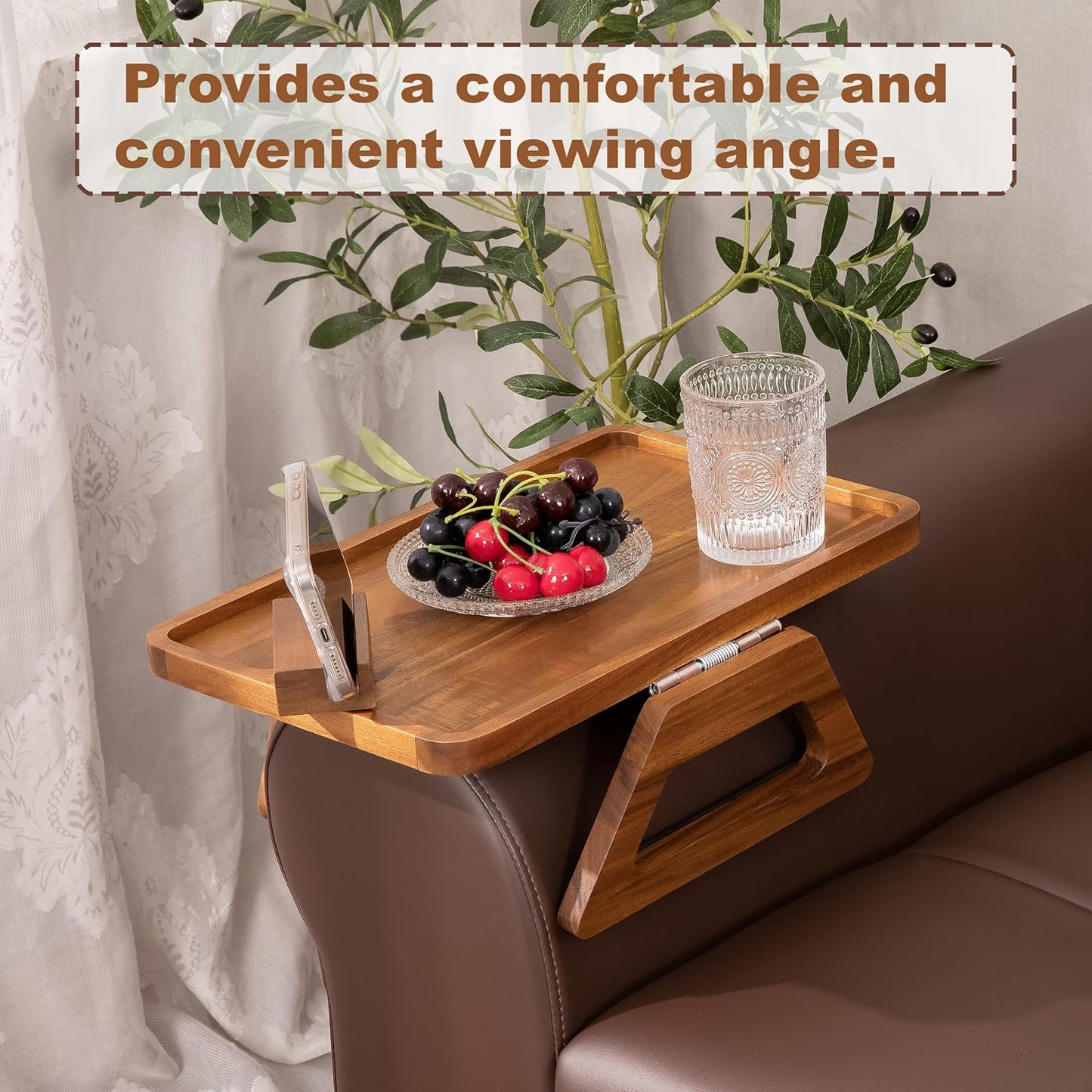 Acacia Wood Sofa Armrest Tray -15.4 x 9.84 in Double Hinge Sofa Arm Tray Table Clip-Couch Arm Table-Wooden Side Tables for Eating and Drink (Acacia, 15.4" D x 9.84" W x 5.7" H)(Natural)