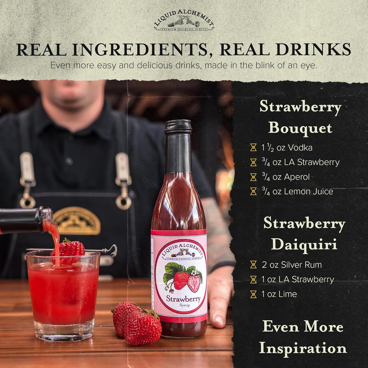 Liquid Alchemist Strawberry Syrup for Drinks - Real Ingredients Make our Strawberry Puree for Drinks a Perfect Margarita Mix - Our Flavored Syrup is Gluten & Dairy Free (12 oz)