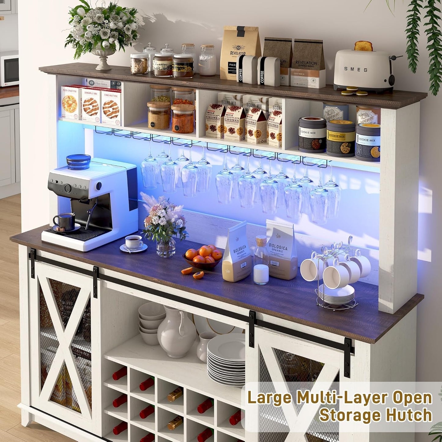 63"W Farmhouse Coffee Bar Cabinet with LED Light,Wine Bar Cabinet w/ 4 Tier Storage Hutch,Kitchen Buffet Cabinet w/Sliding Barn Door & 15 Wine and Glass Racks for Kitchen Dining Room(Antique White)