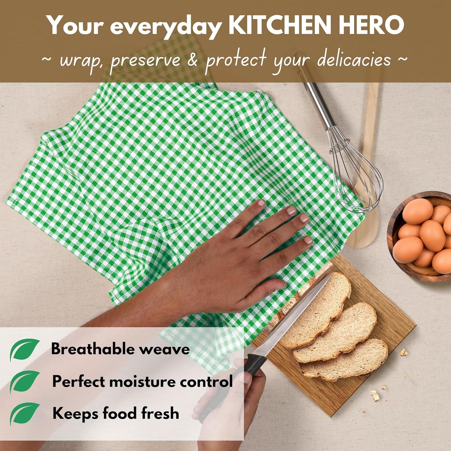 Native Fab Kitchen Dish Towels 16x26 inches Set of 4 Gingham Mini Check- 100% Cotton Dish Cloths for Washing Dishes, Absorbent Hand Towels with Hanger - Green White