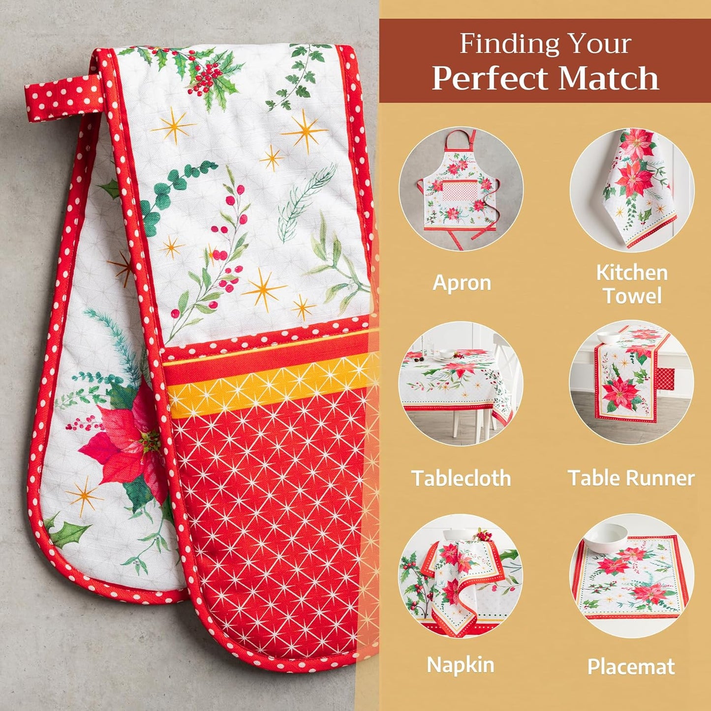 Maison d' Hermine Double Oven Mitts 100% Cotton 7"x35" Double Oven Mitt Heat Resistant BBQ Cooking Gloves with Loop, Baking, Grilling, Home, Kitchen, Handling Hot Pans (Poinsettia Christmas)