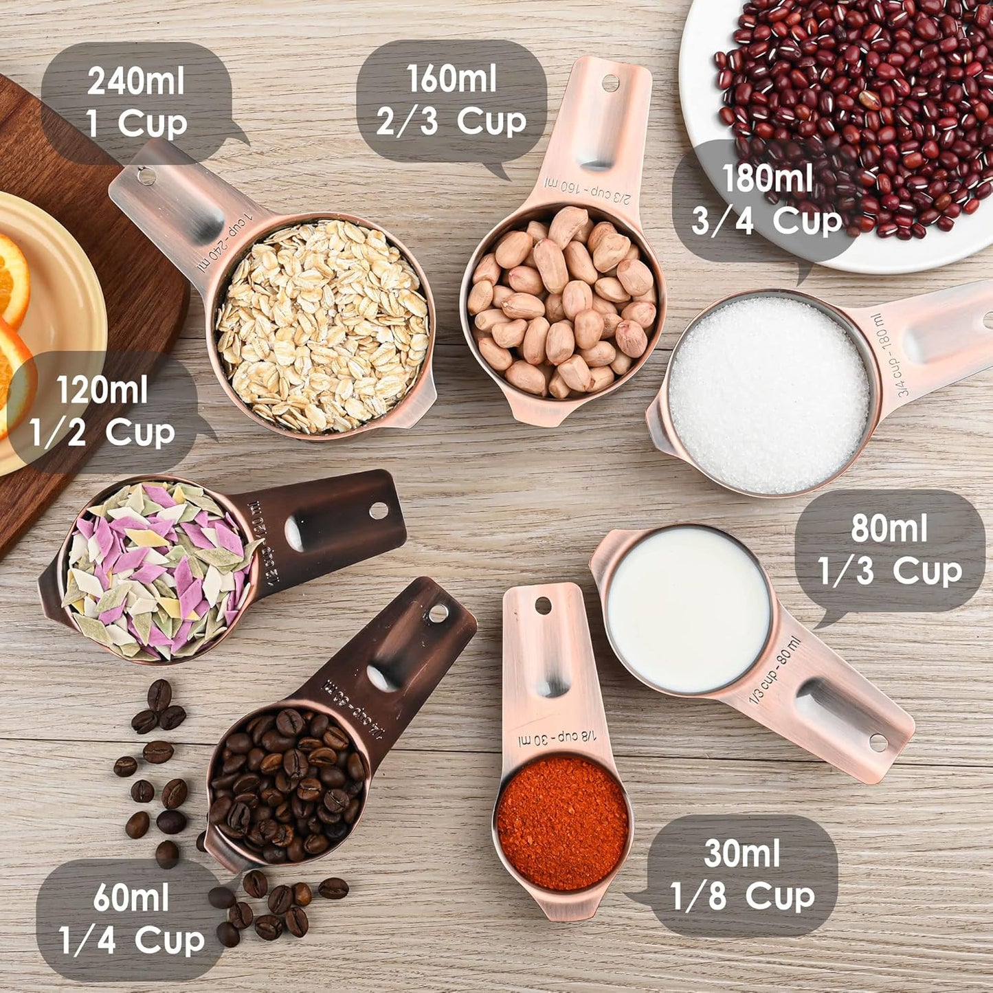 Copper Measuring Cups and Spoons - 17 Piece Set, 7 Cups and 9 Spoons with 1 Leveler for Kitchen